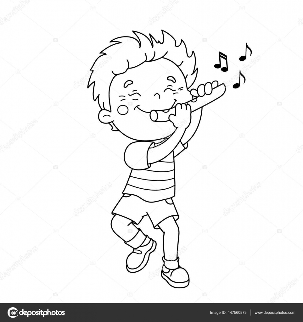 Desenho da página de colorir do menino dos desenhos animados que joga a  flauta. Instrumentos musicais. Livro para colorir para crianças imagem  vetorial de Oleon17© 147560873